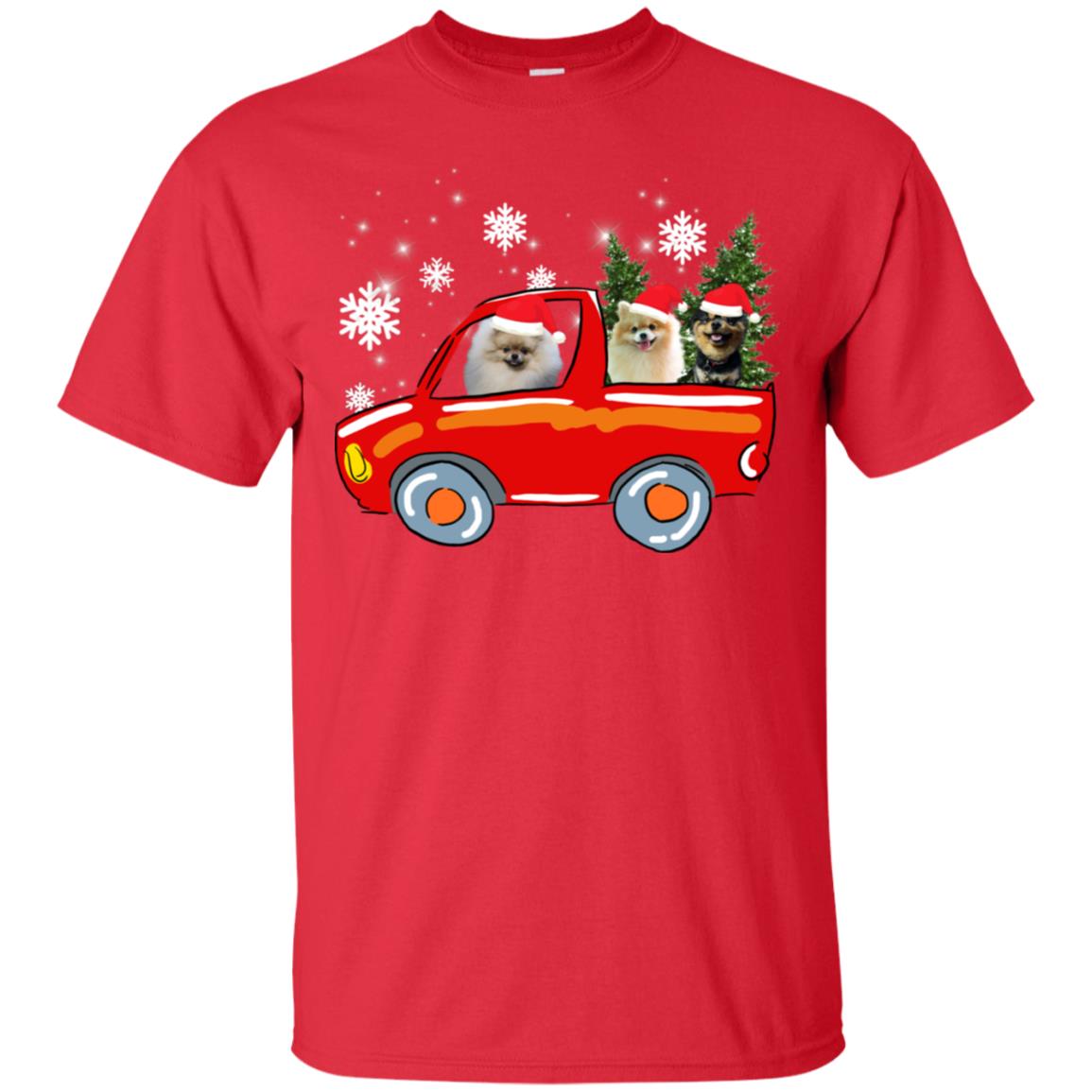 Pomeranians Dogs On Car Merry Christmas Gift Shirt Red
