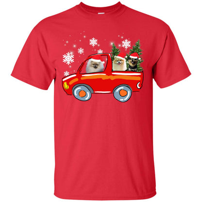 Pomeranians Dogs On Car Merry Christmas Gift Shirt Red