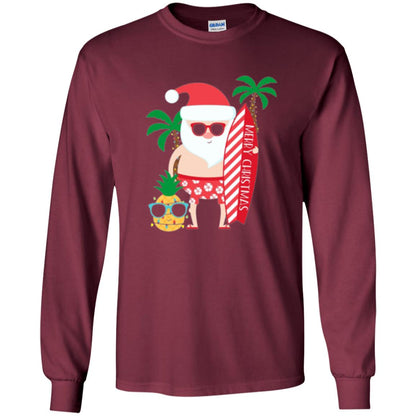 Christmas T-shirt Santa Claus Surfing Hawaiian Maroon