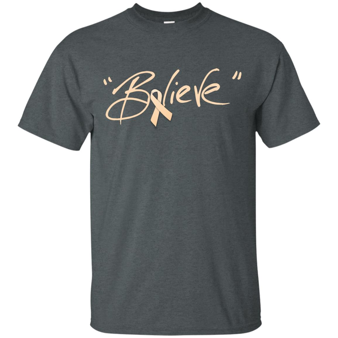 Uterine Cancer Awareness Shirt Peach Ribbon Believe Dark Heather