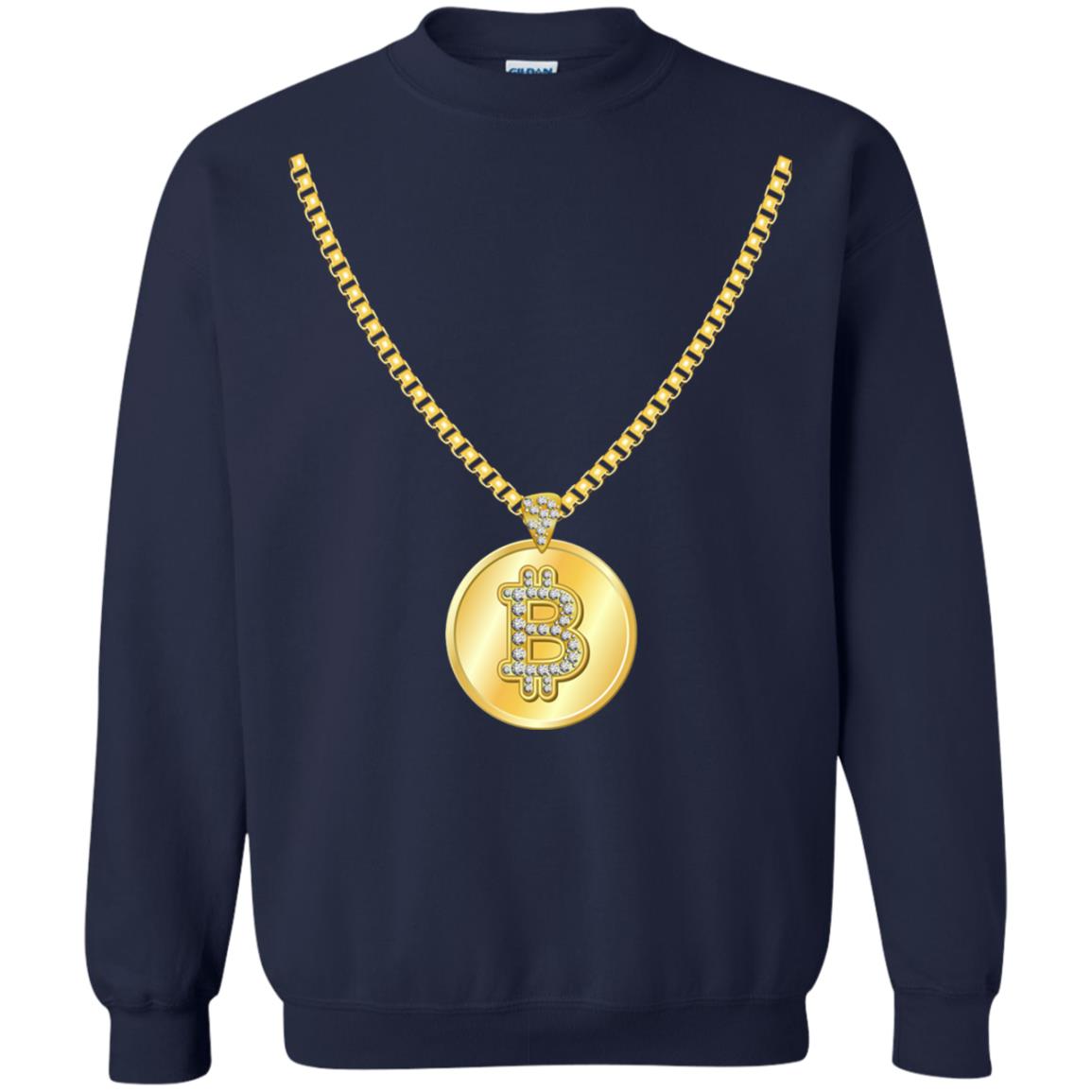 Funny Bitcoin T-shirt Gold Chain Cryptocurrency Necklace Navy
