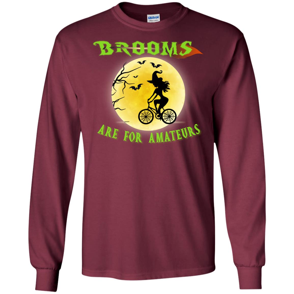 Brooms Are For Amateurs Witches Ride A Bicycle Funny Halloween Shirt Maroon