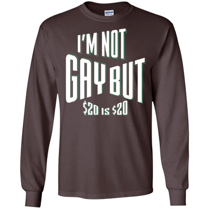 Funny Bi-curious Bachelor Humor Party T-shirt I'm Not Gay But $20 Is $20 Dark Chocolate