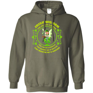 Irish Woman The Soul Of A Witch The Fire Of A Lioness The Heart Of A Hippie The Mouth Of A SailorG185 Gildan Pullover Hoodie 8 oz.