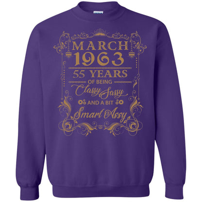 55th Birthday T-shirt March 1963 55 Years Of Being Classy Sassy Purple