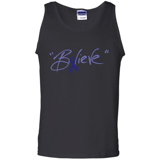 Colon Cancer Awareness Shirt Dark Blue Ribbon Believe Black