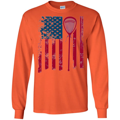 Lacrosse Player T-shirt Lacrosse American Flag Stick Orange