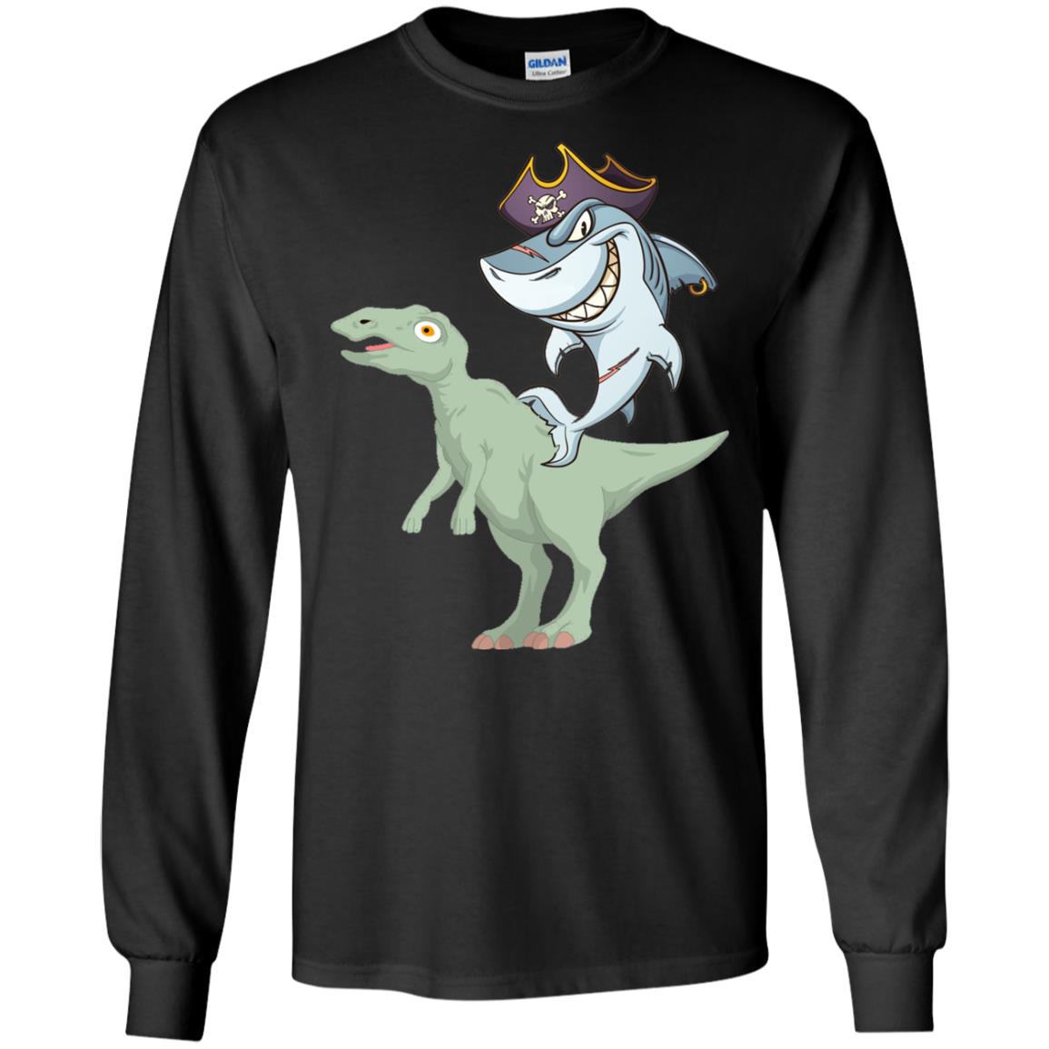 Shark Pirate Riding A T-rex Dinosaur Funny Gift ShirtG240 Gildan LS Ultra Cotton T-Shirt