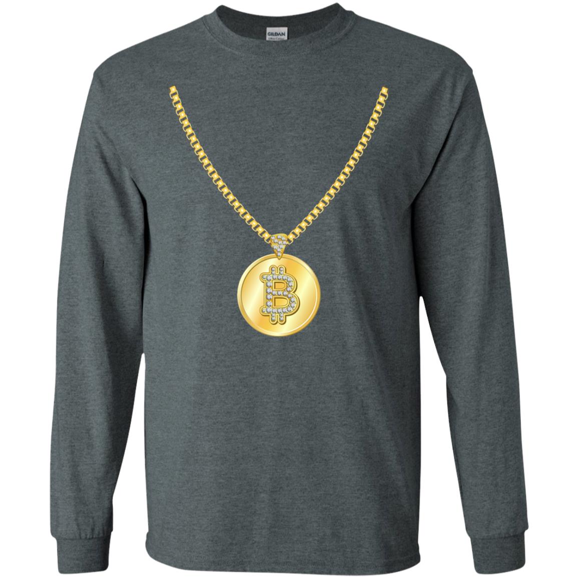 Funny Bitcoin T-shirt Gold Chain Cryptocurrency Necklace Dark Heather