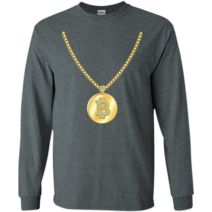 Funny Bitcoin T-shirt Gold Chain Cryptocurrency Necklace Dark Heather