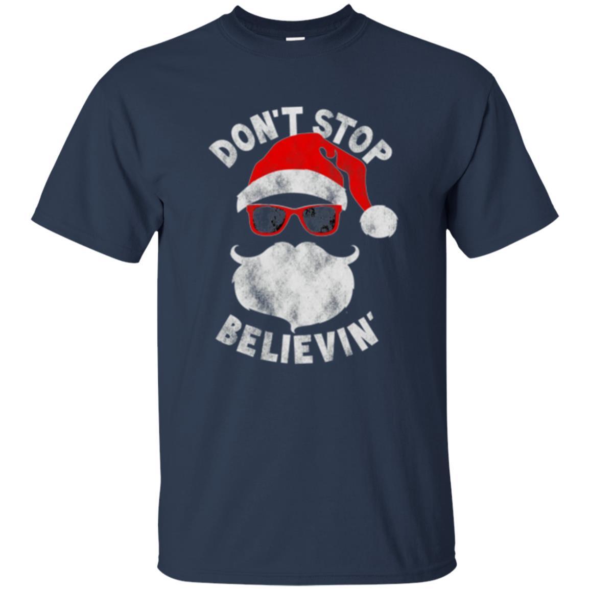 Christmas T-shirt Don't Stop Believing Cool Shades Santa Navy