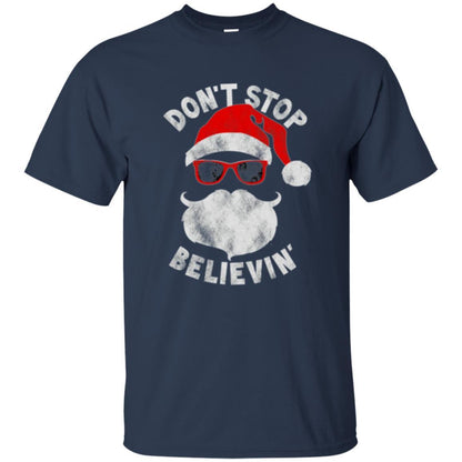 Christmas T-shirt Don't Stop Believing Cool Shades Santa Navy