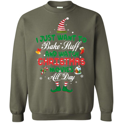 Christmas T-shirt I Just Want To Bake Stuff And Watch Christmas Movies Military Green