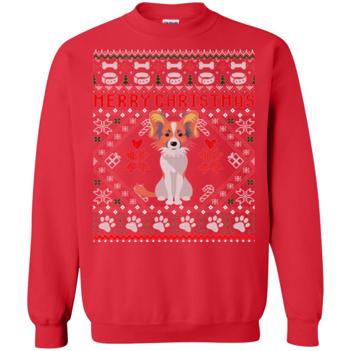 Dog Lover T-shirt Papillon Dog Merry Christmas Red