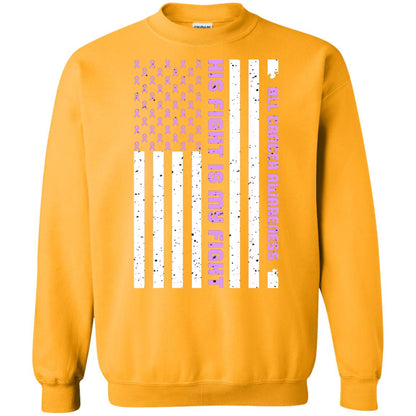 All Cancer Awareness His Fight Is My Fight Lavender Ribbon Stars Flag Of Usa Shirt Gold