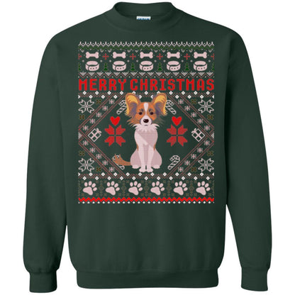 Dog Lover T-shirt Papillon Dog Merry Christmas Forest Green