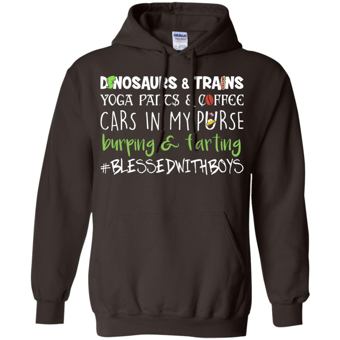 Dinosaurs And Trains Yoga Pants And Coffee Cars In My Purse Buring Farting Mom Of Boys Shirt Dark Chocolate