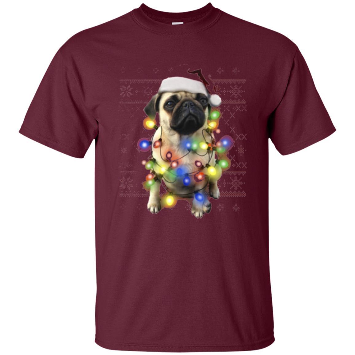 Dog Lover T-shirt Ugly Sweater Photoreal Christmas Lights Pug Graphic Maroon