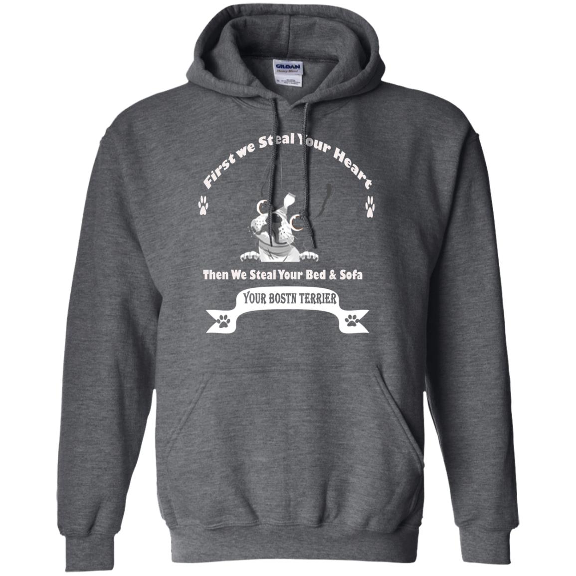 Frist We Steal Your Heart Boston Terrier T-shirt Dark Heather