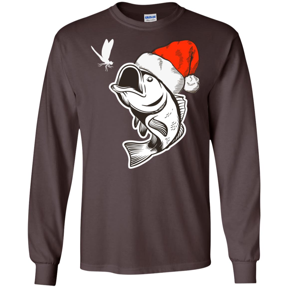 Bass Fishing Santa Hat Christmas Gift Shirt For Fishing Lovers Dark Chocolate