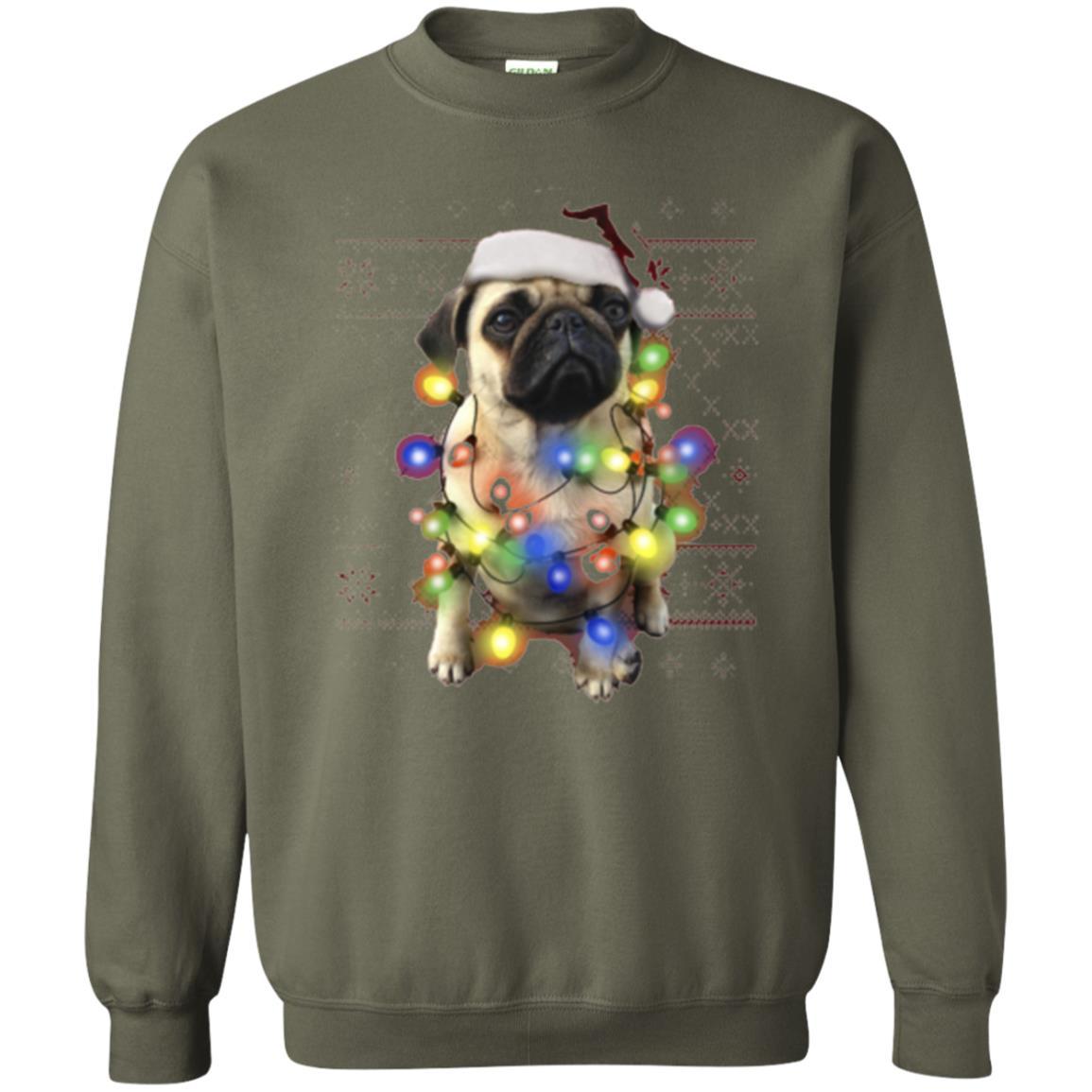 Dog Lover T-shirt Ugly Sweater Photoreal Christmas Lights Pug Graphic Military Green