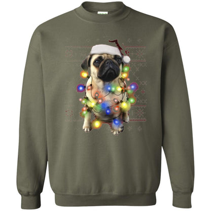 Dog Lover T-shirt Ugly Sweater Photoreal Christmas Lights Pug Graphic Military Green