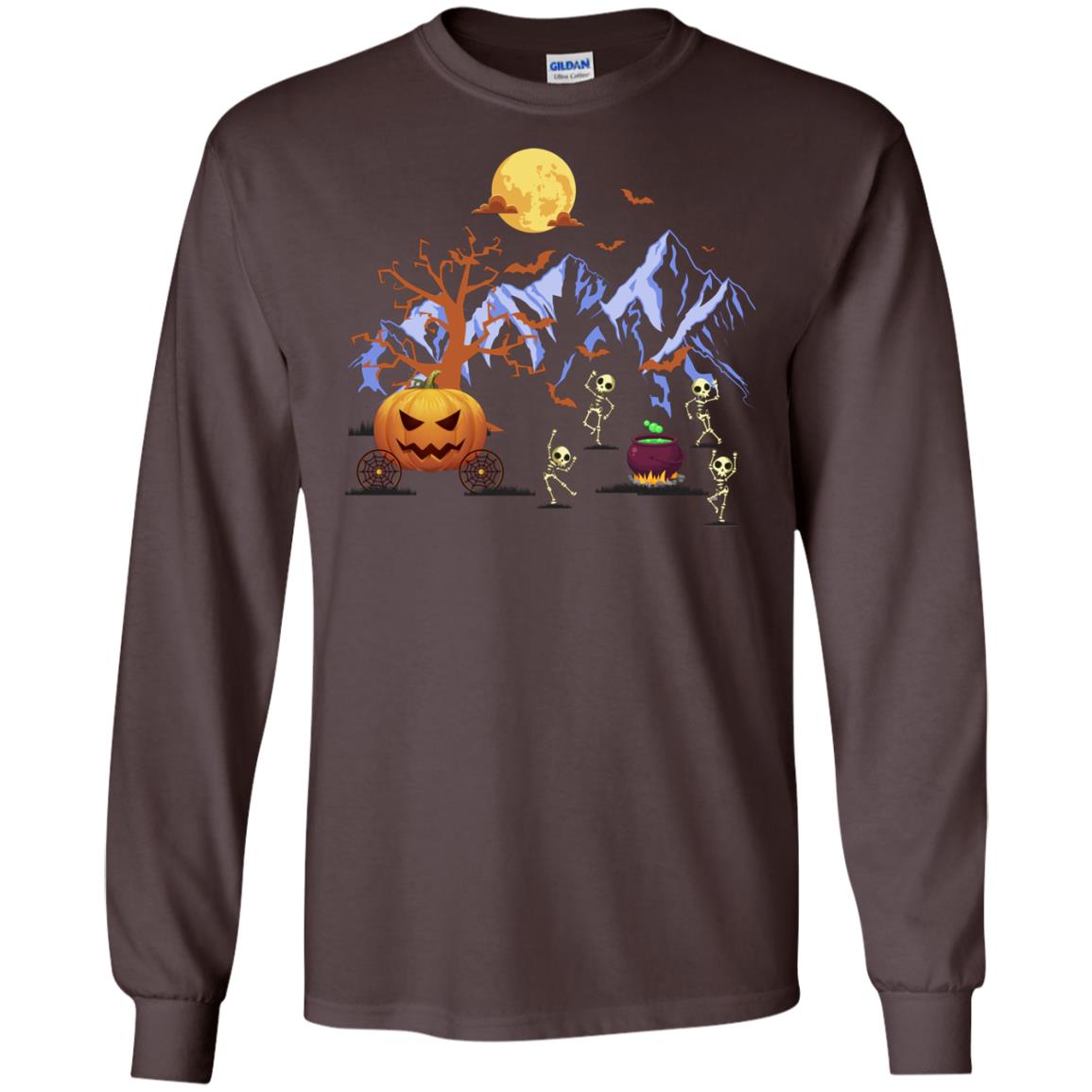 Dancing Skeleton With Pumpkin Funny Halloween Gift Shirt Dark Chocolate