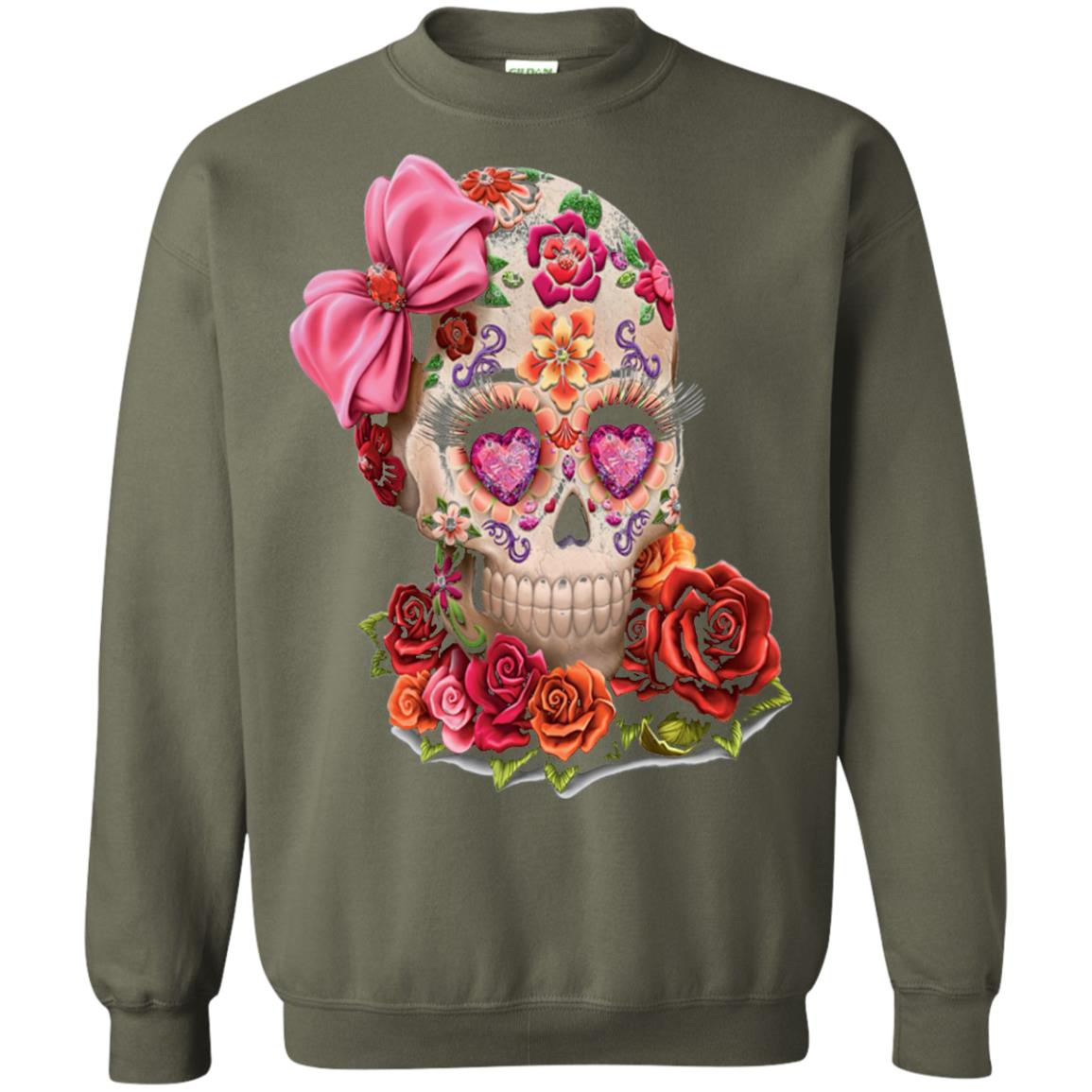 Cinco De Mayo Skull Women Flower Shirt Military Green