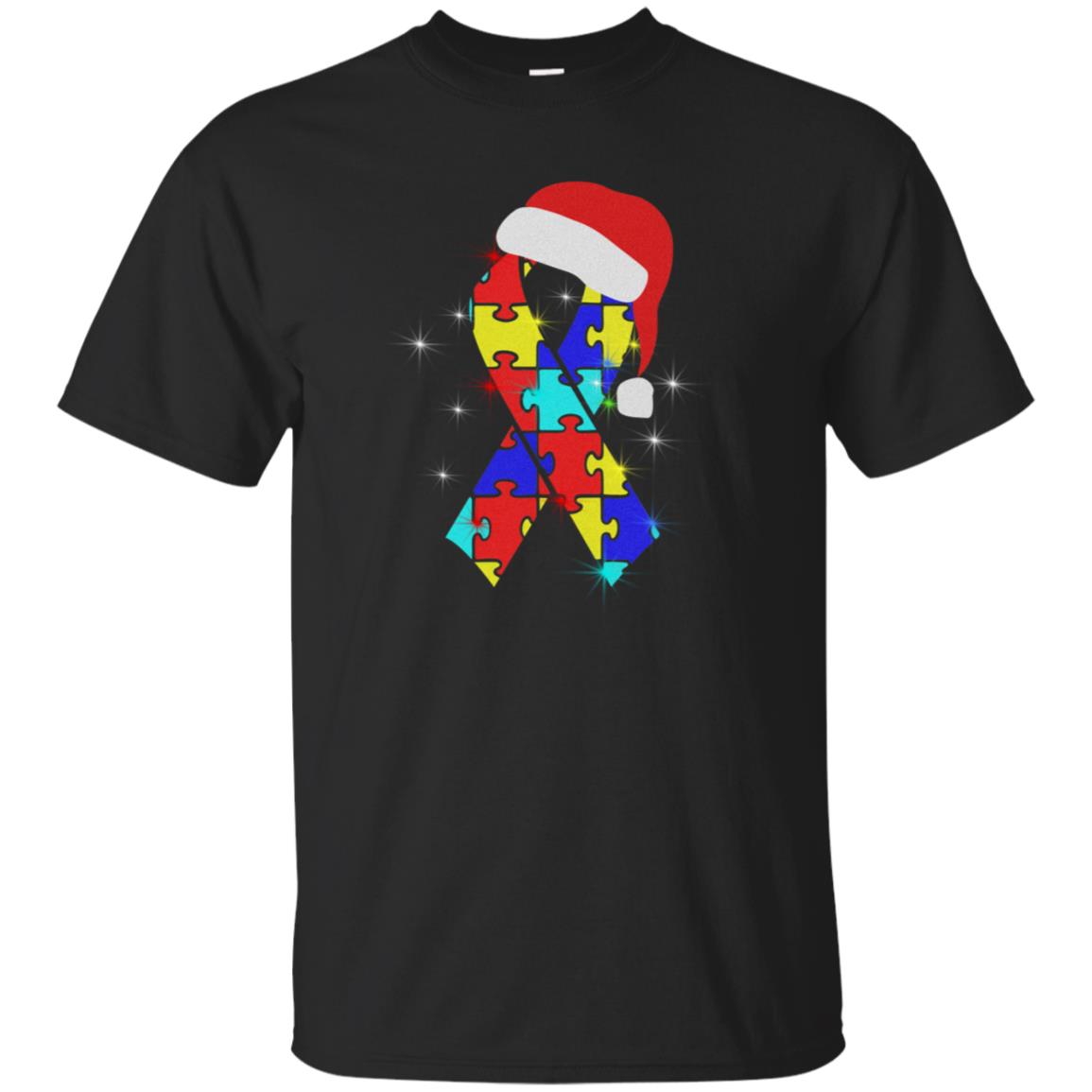 Autism Puzzle Ribbon Santa Hat X-mas Gift Shirt Black