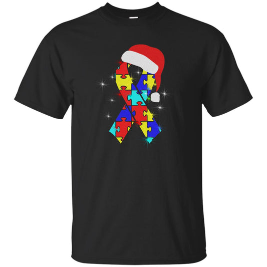 Autism Puzzle Ribbon Santa Hat X-mas Gift Shirt Black