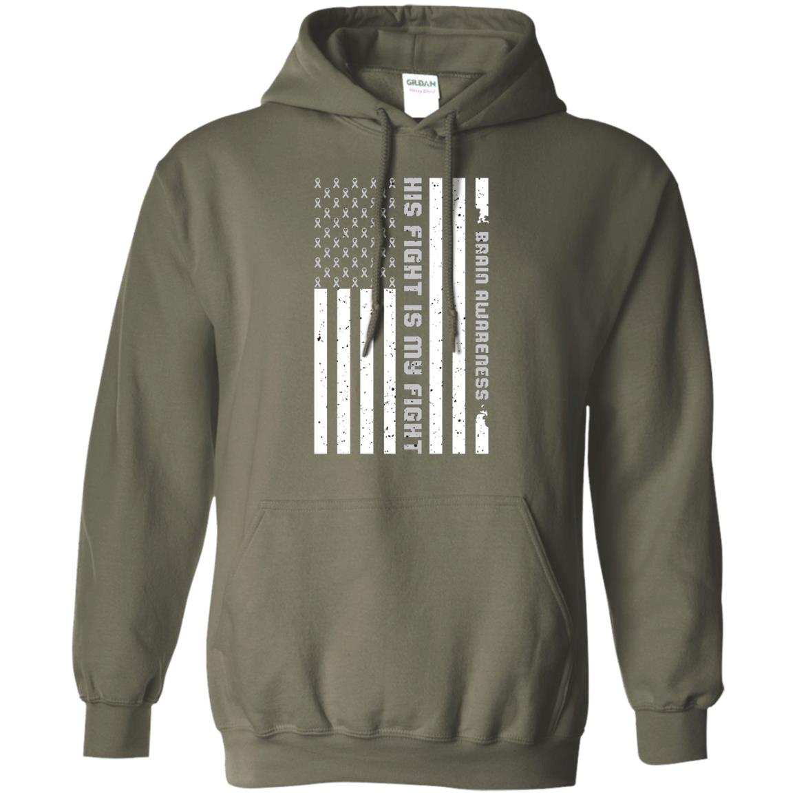 Brain Awareness His Fight Is My Fight Grey Ribbon Stars Flag Of Usa Shirt Military Green