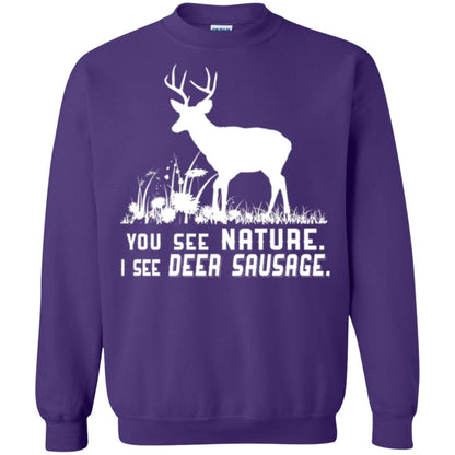 Funny Hunting T-shirt You See Nature I See Deer Sausage Purple