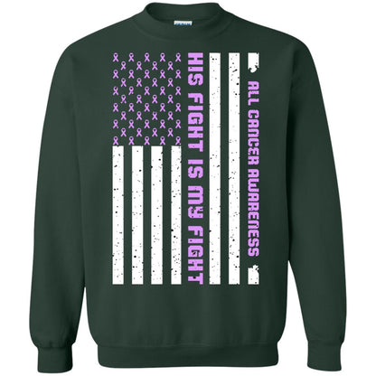 All Cancer Awareness His Fight Is My Fight Lavender Ribbon Stars Flag Of Usa Shirt Forest Green