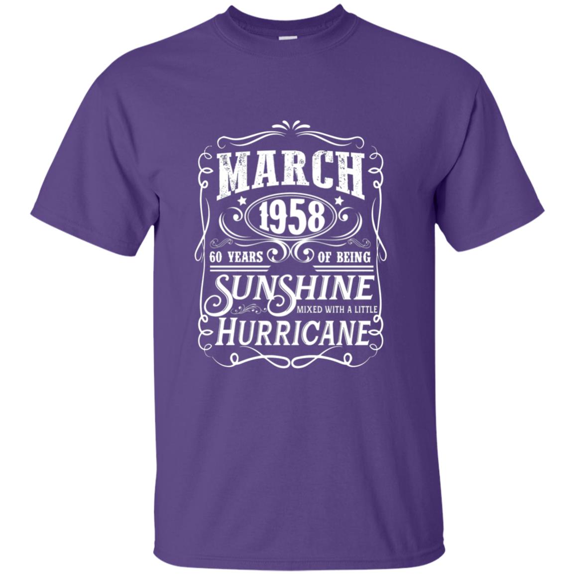 March 1958 60 Years Of Being Sunshine Mixed With A Little Hurricane 60th Birthday T-shirt Purple