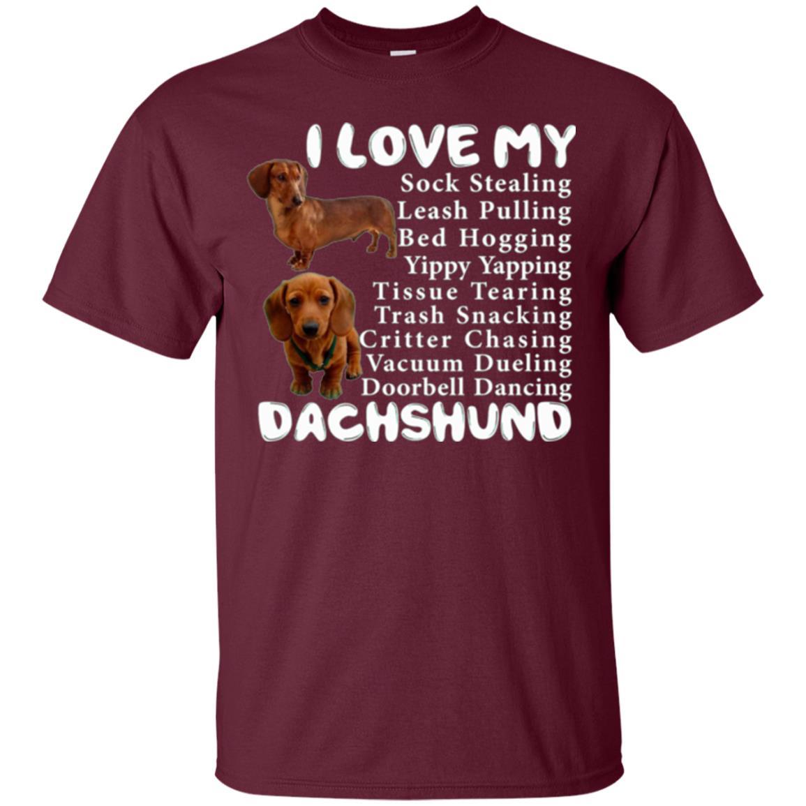 Dachshund T-shirt Sock Stealing Bed Hogging Maroon