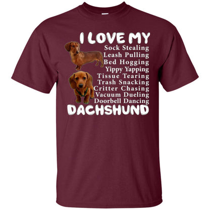 Dachshund T-shirt Sock Stealing Bed Hogging Maroon