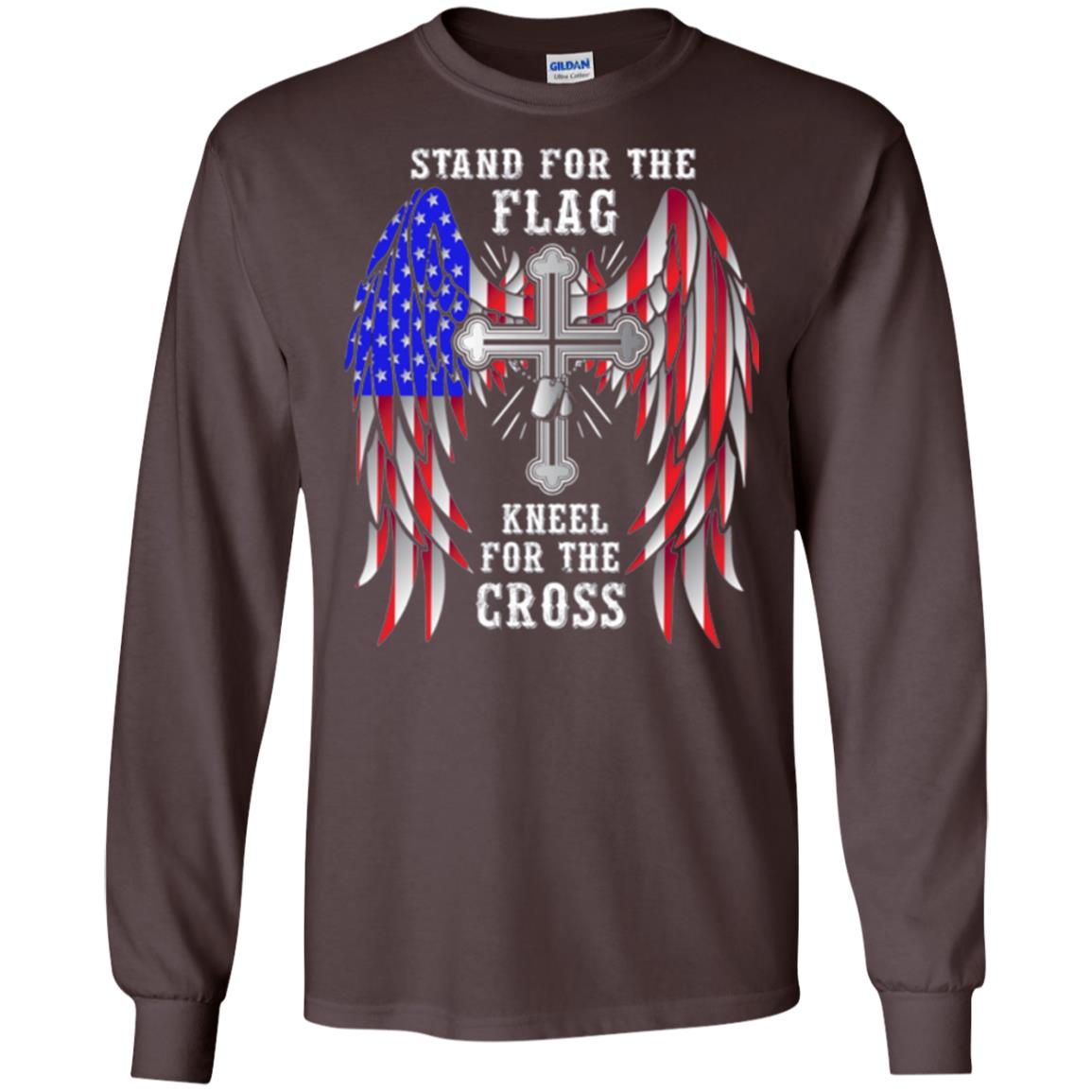 Christian T-shirt Stand For The Flag Kneel For The Cross Dark Chocolate