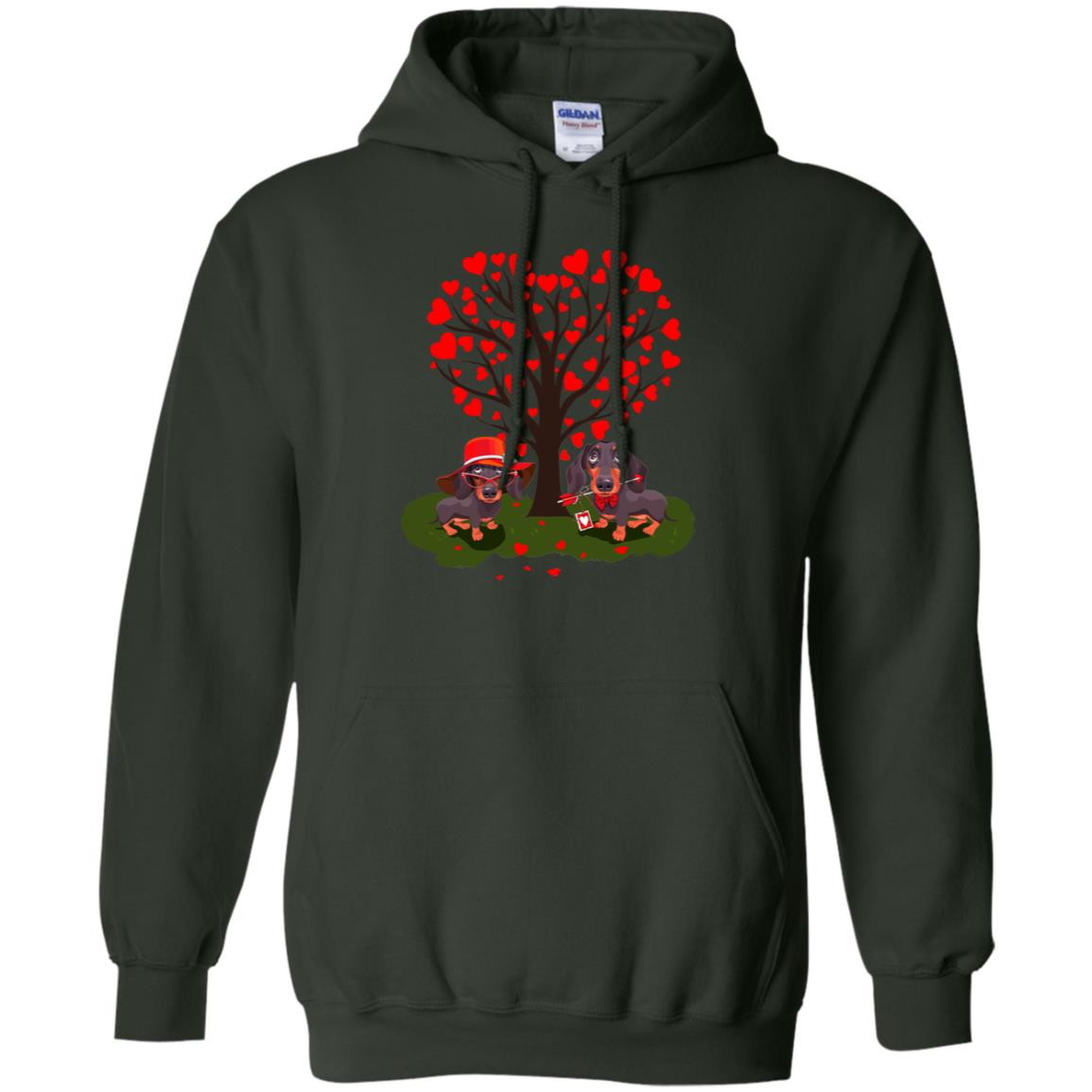 Valentine Dachshund Couple Heart Tree Shirt Forest Green