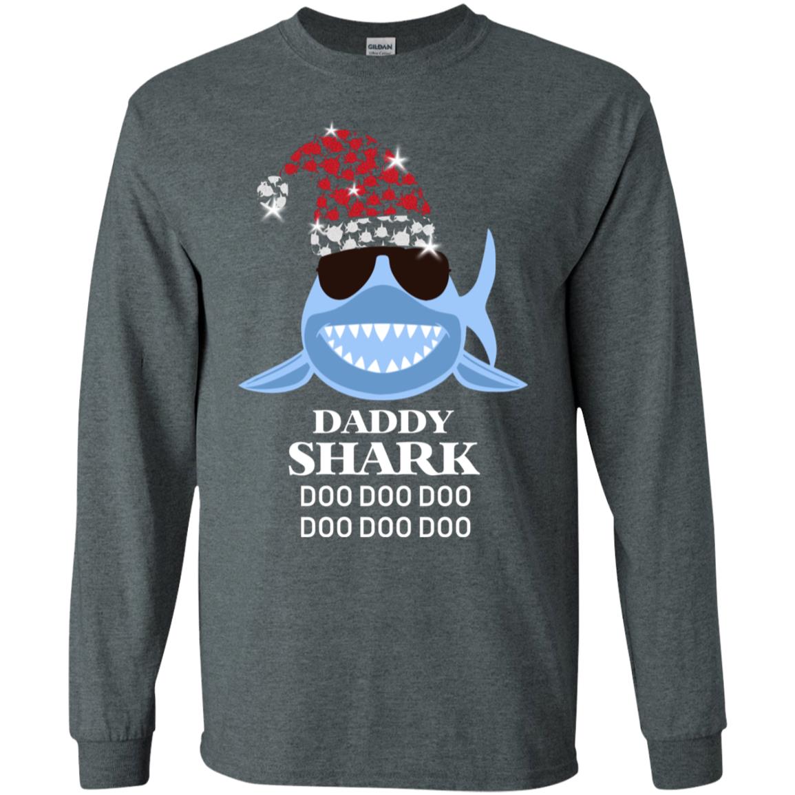 Daddy Shark With Santa Claus Hat Merry X-mas Family Shark Gift Shirt Dark Heather