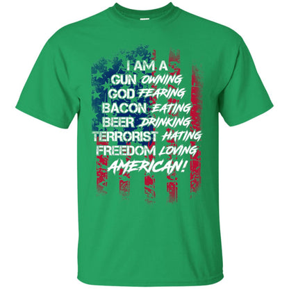 Military T-shirt I Am A Gun Owning God Fearing Bacon Eating Irish Green