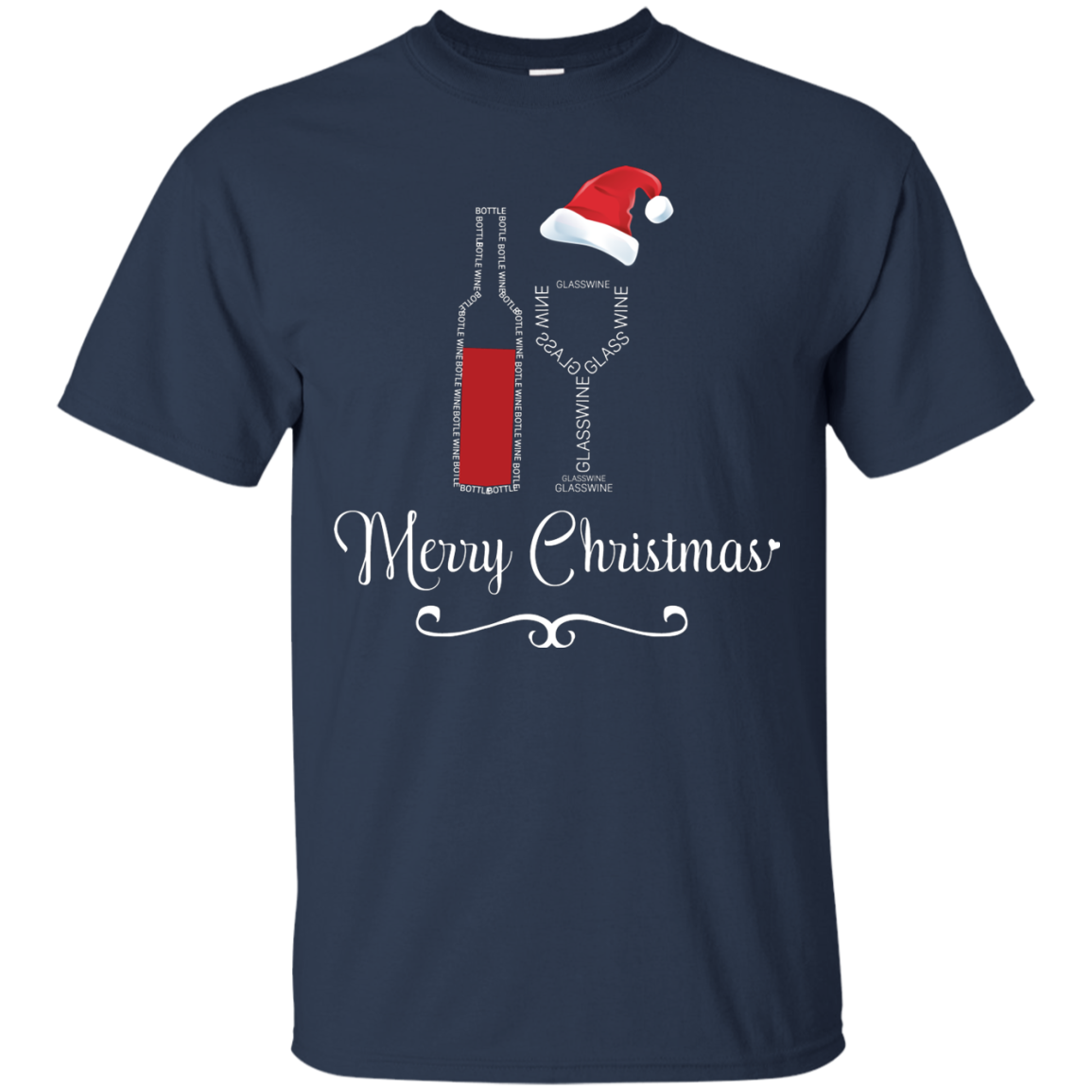Christmas T-shirt Merry Christmas With Wine Botle And Glass Wine Navy