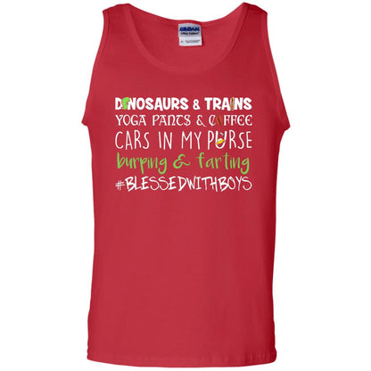Dinosaurs And Trains Yoga Pants And Coffee Cars In My Purse Buring Farting Mom Of Boys Shirt Red