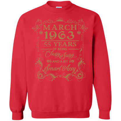 55th Birthday T-shirt March 1963 55 Years Of Being Classy Sassy Red
