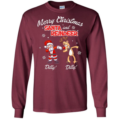 Christmas T-shirt Merry Christmas Santa And Reindeer Dilly Dilly Maroon