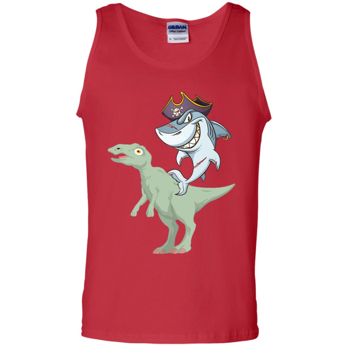 Shark Pirate Riding A T-rex Dinosaur Funny Gift Shirt Red