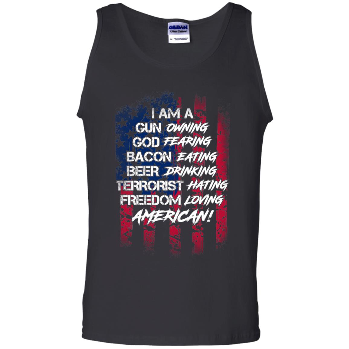 Military T-shirt I Am A Gun Owning God Fearing Bacon Eating Black