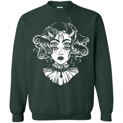 Horned Devil Girl Tshirt Satanic Halloween Glitch Goth Forest Green