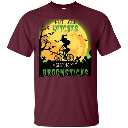 Not All Witches Ride Broomsticks Witches Ride A Bicycle Funny Halloween Shirt Maroon