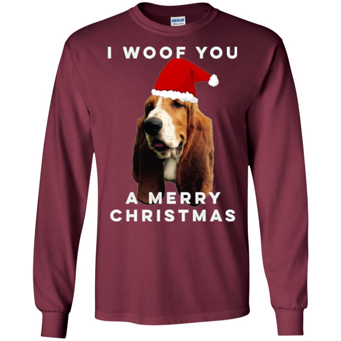 Basset Hound T-shirt I Woof You A Merry Christmas Maroon