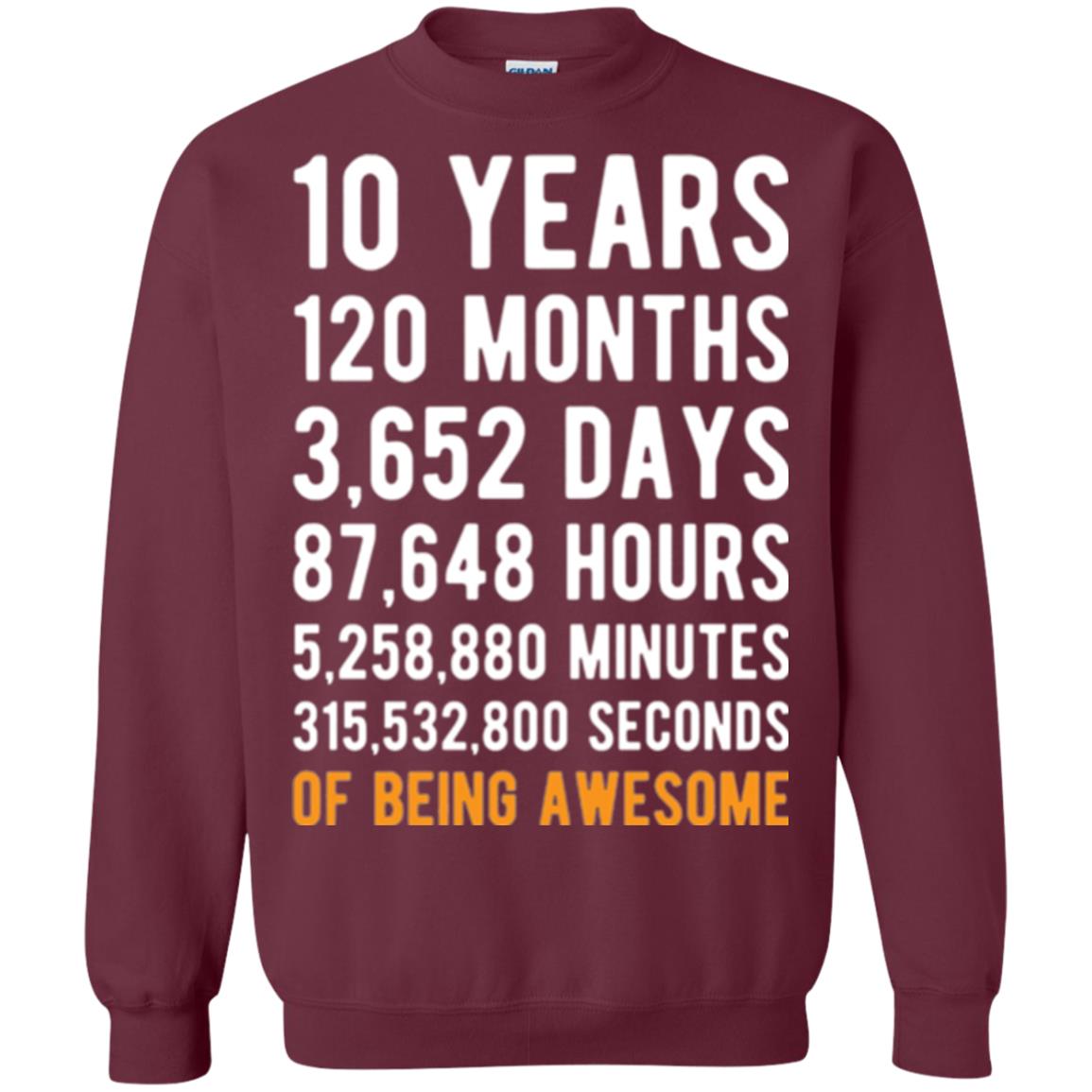 Birthday T-shirt 10 Years Old Of Being Awesome Maroon